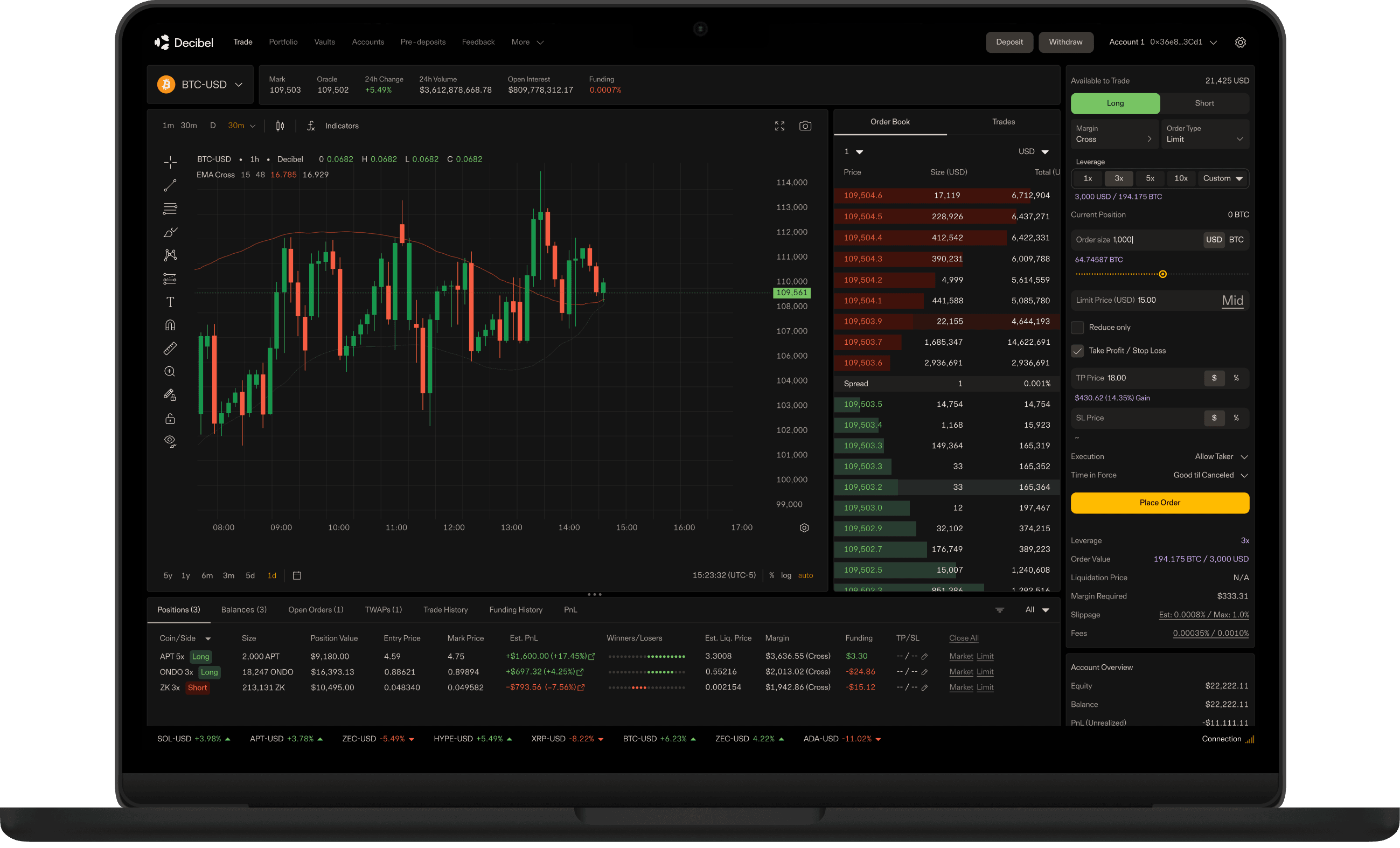 Decibel trading platform on desktop